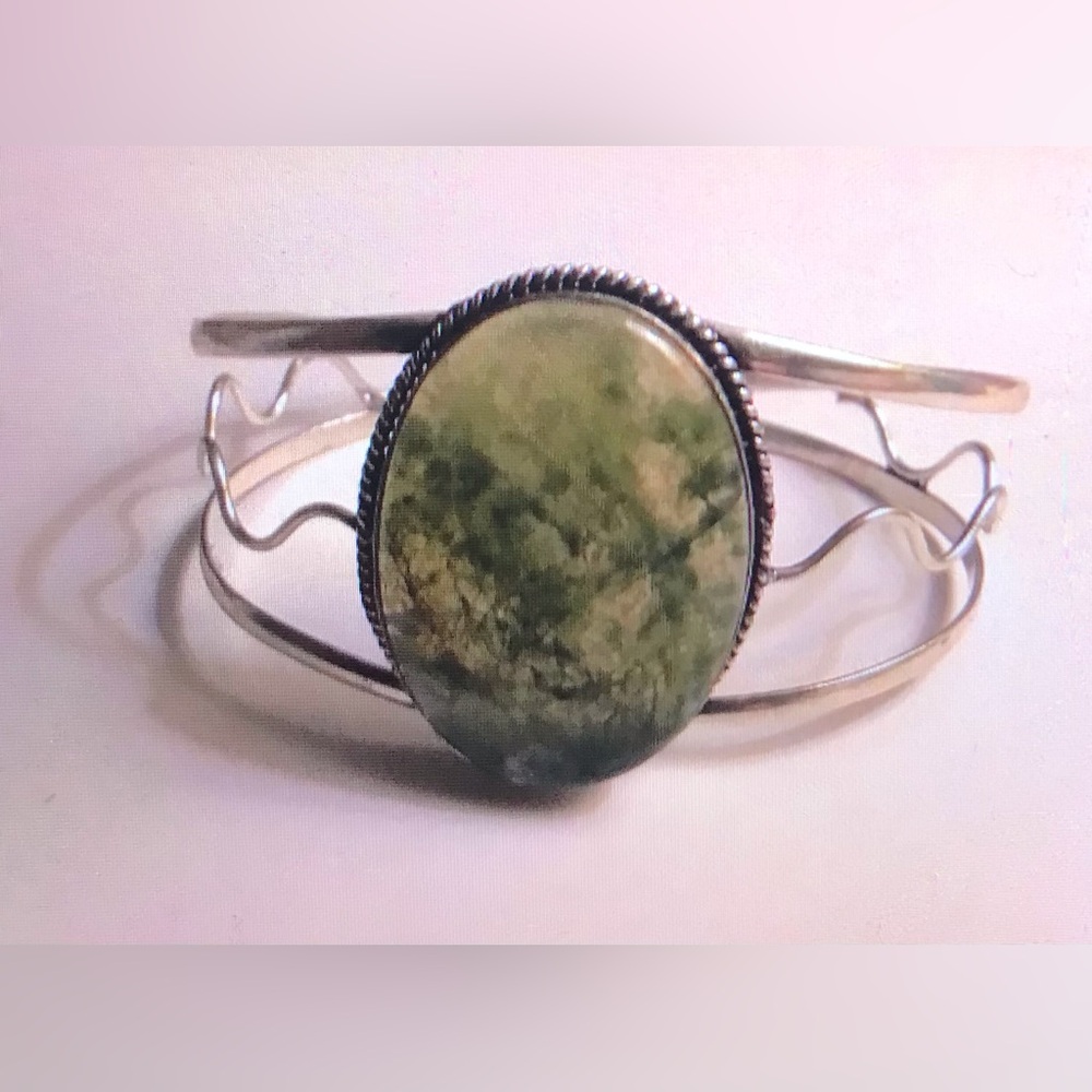 Moss Agate Stamped 925 Sterling Silver Cuff Bracelet